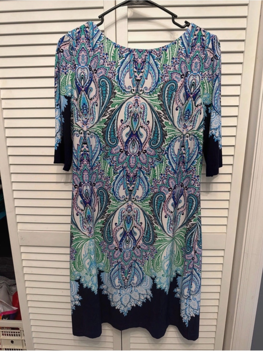 Eliza J Paisley Print Jersey Knit Shift Dress 3/4 Sleeve Navy Green Blue